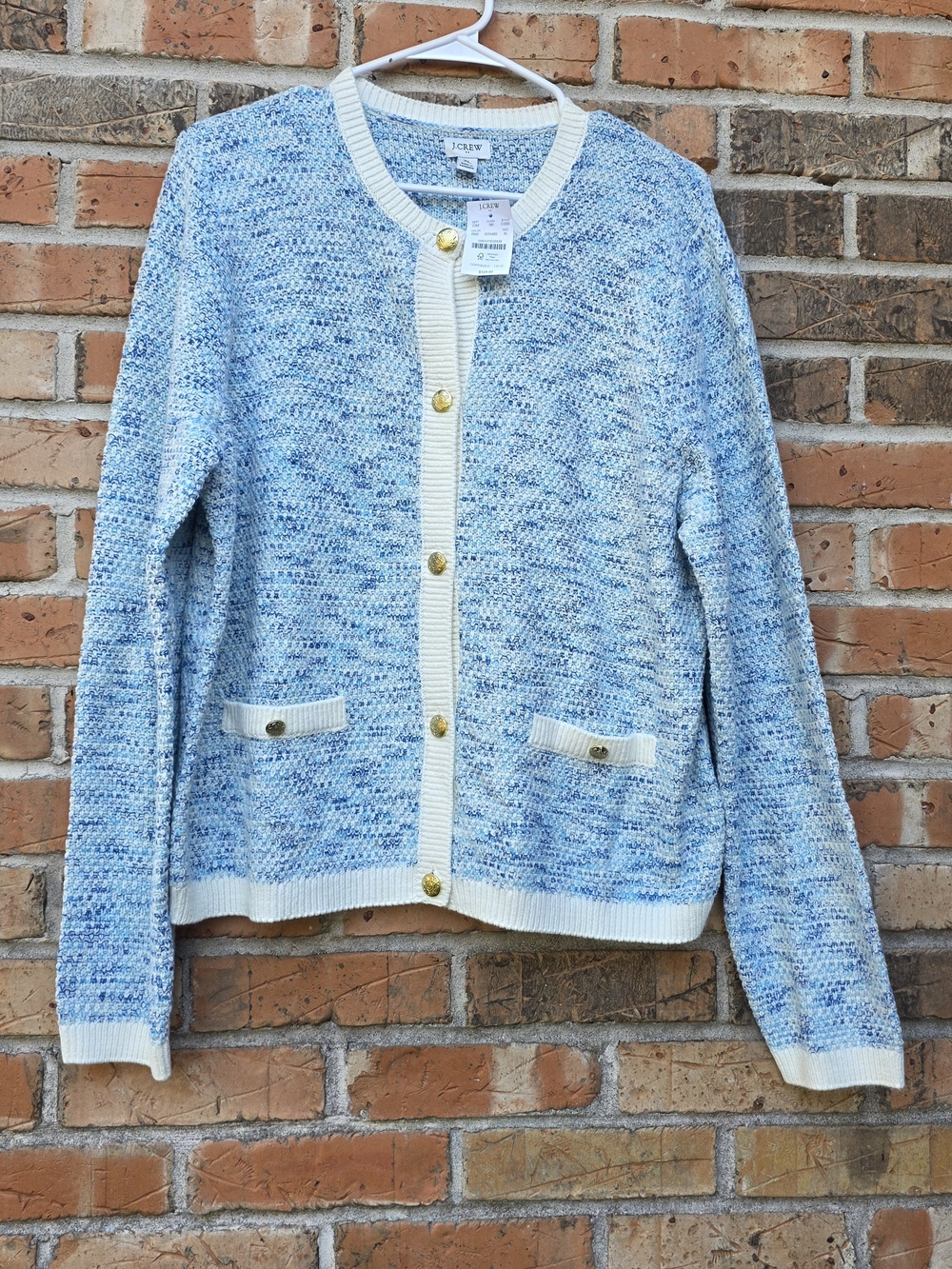 J. Crew Women's Blue Marled Knit Cardigan with Cream Trim